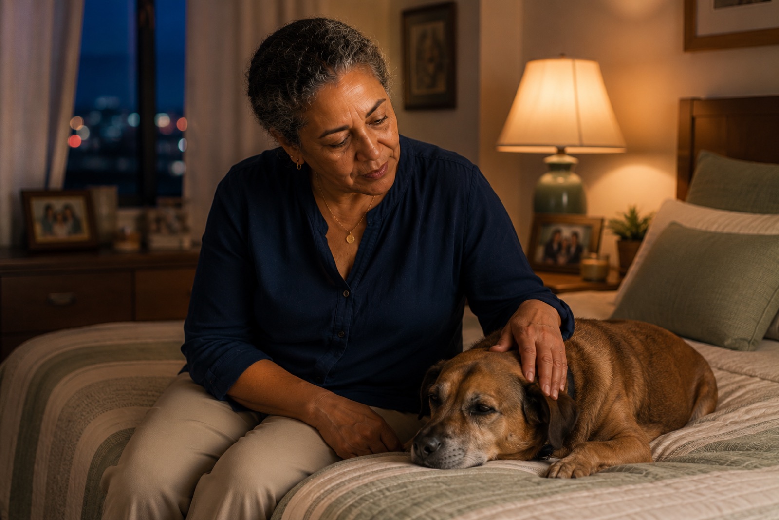 Matriarca dominicana acariciando a su perro en la habitación, vínculo de familia