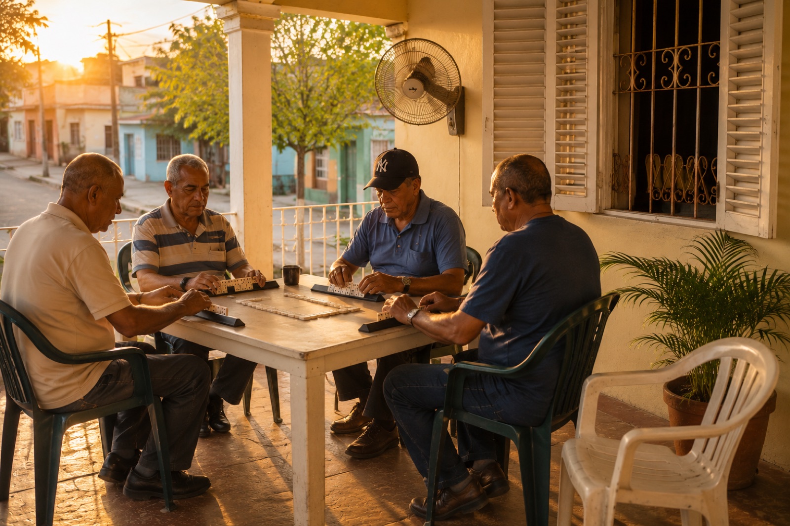 Dominicanos jugando dominó en el porche, comunidad y familia