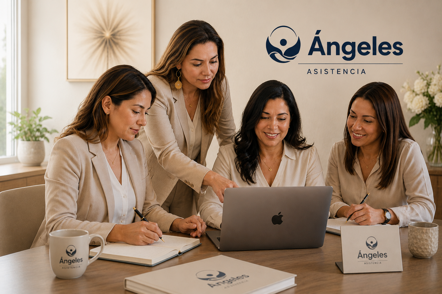 Equipo Ángeles Asistencia · cuatro asesoras dominicanas trabajando juntas frente al logo de la marca