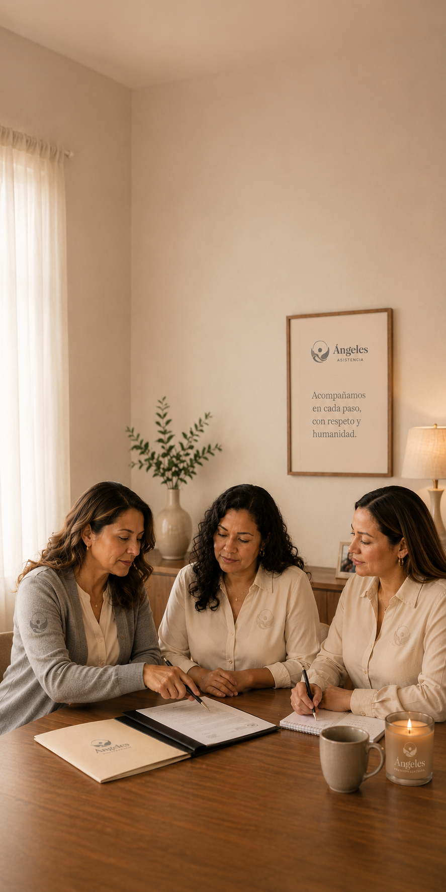 Tres asesoras latinas de Ángeles Asistencia revisando documentos en mesa de madera, oficina con branding Ángeles visible (cuadro, carpeta y vela), luz cálida natural