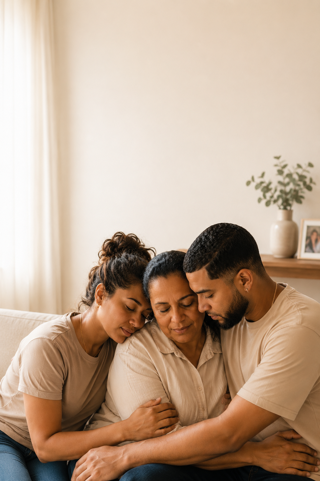 Familia dominicana abrazándose con serenidad — hija, madre e hijo en sofá beige, luz natural cálida del hogar