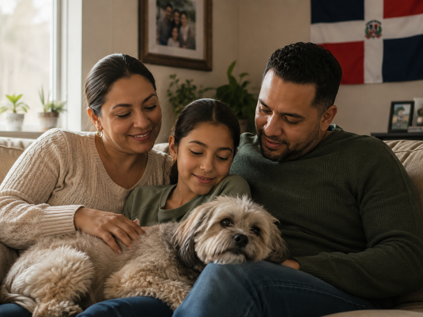 Familia dominicana en el sofá con su perro y la bandera de RD al fondo