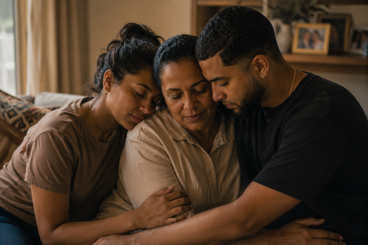 Familia dominicana acompañándose en momento de duelo, abrazo íntimo