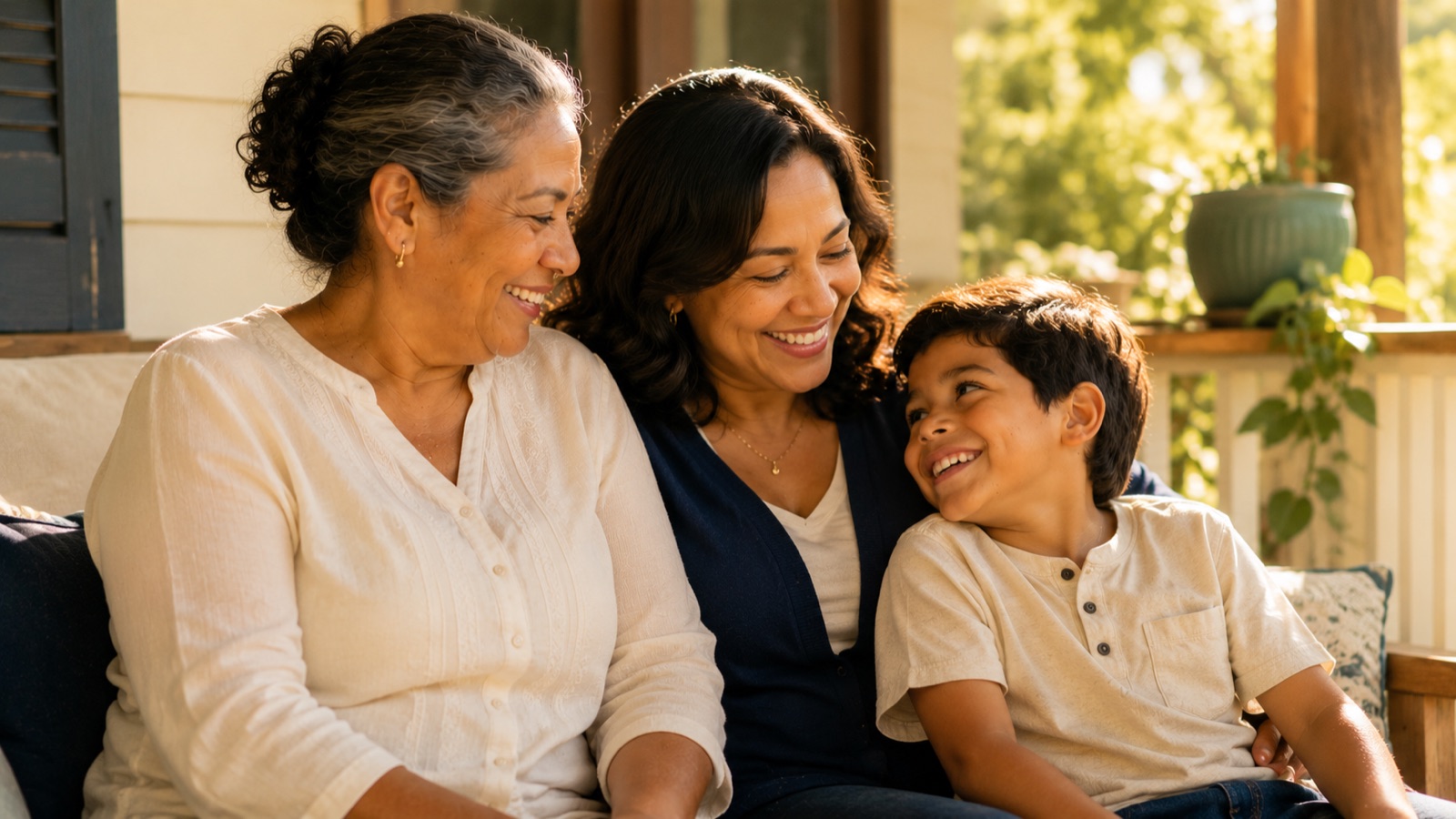 Familia dominicana de tres generaciones en porche al atardecer