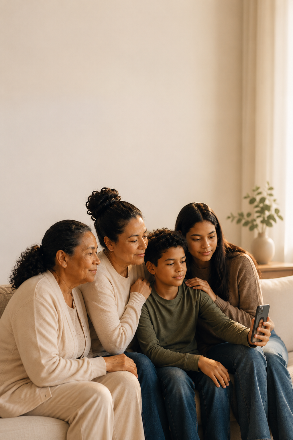 Familia dominicana — abuela, madre, hijo e hija mirando juntos un teléfono en la sala de su casa
