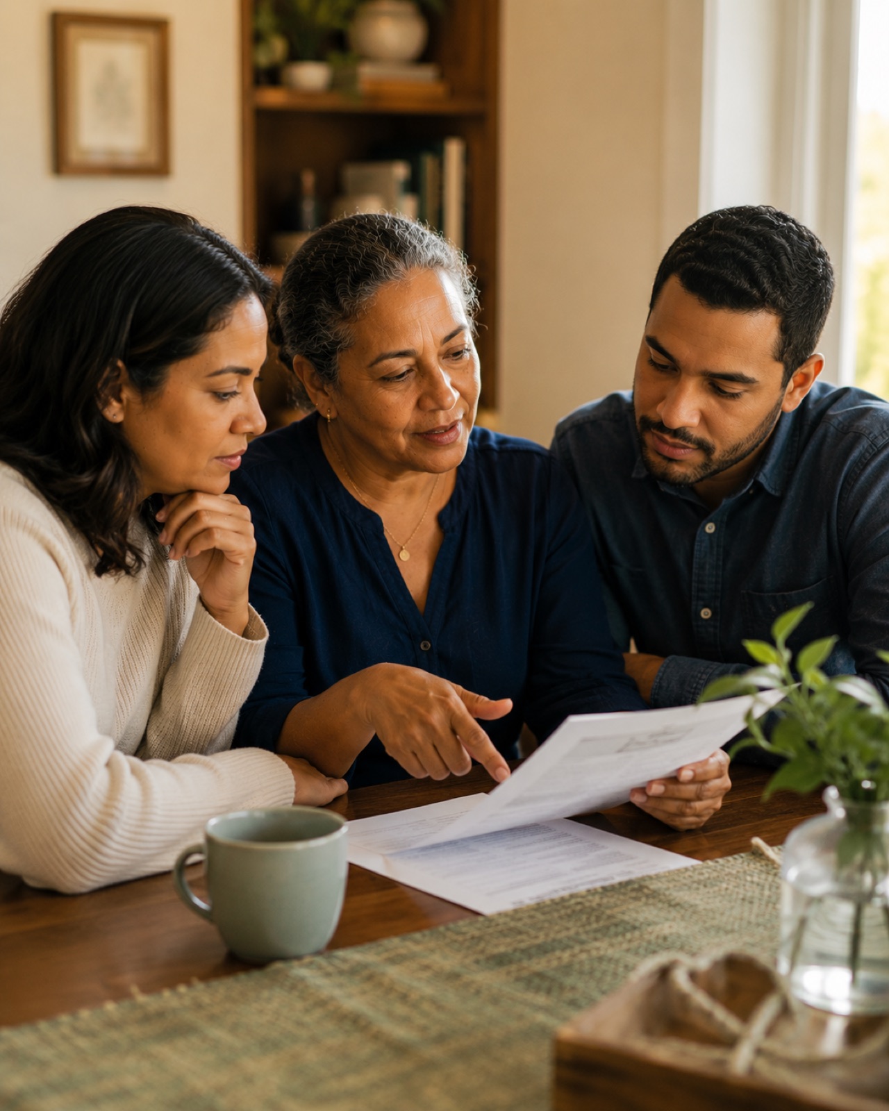 Familia dominicana revisando documento juntos