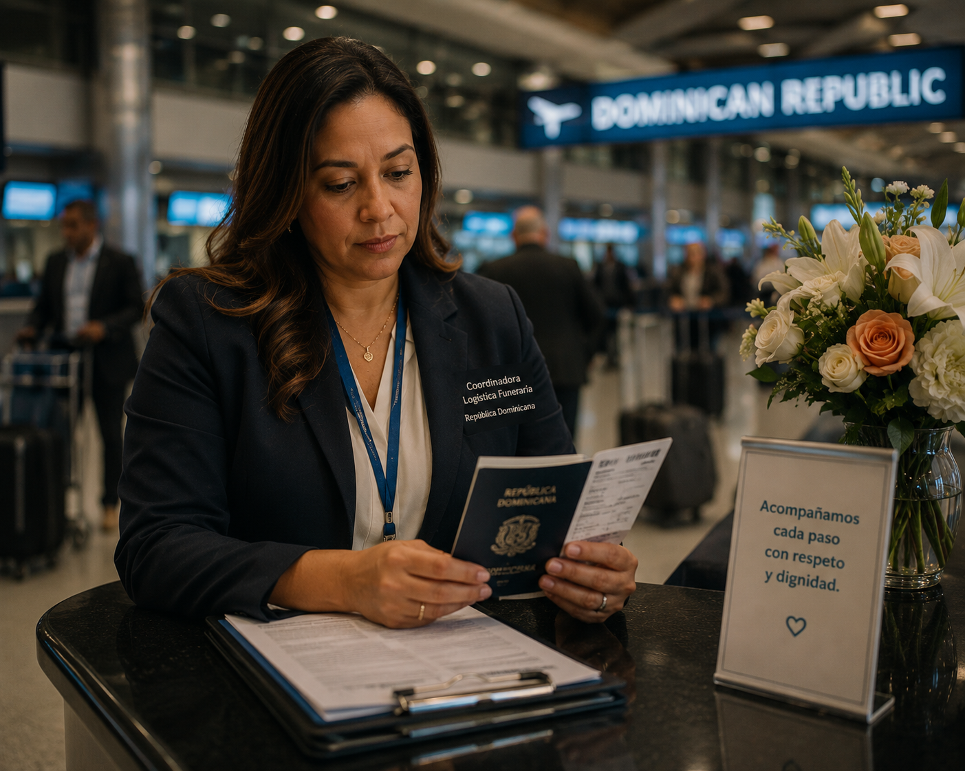 Coordinadora Ángeles revisando pasaporte dominicano en el aeropuerto Las Américas, acompañamiento de repatriación