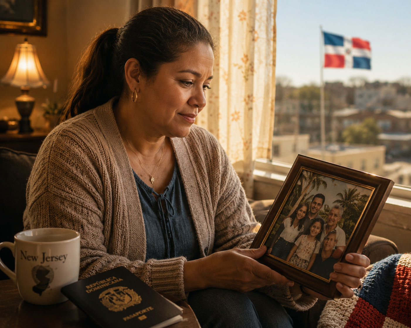 Mujer dominicana en New Jersey contemplando foto familiar enmarcada con bandera de República Dominicana al fondo, taza de New Jersey y pasaporte dominicano sobre la mesa