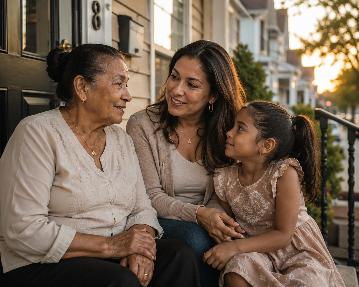 Tres generaciones de una familia dominicana sentadas juntas en el porche al atardecer