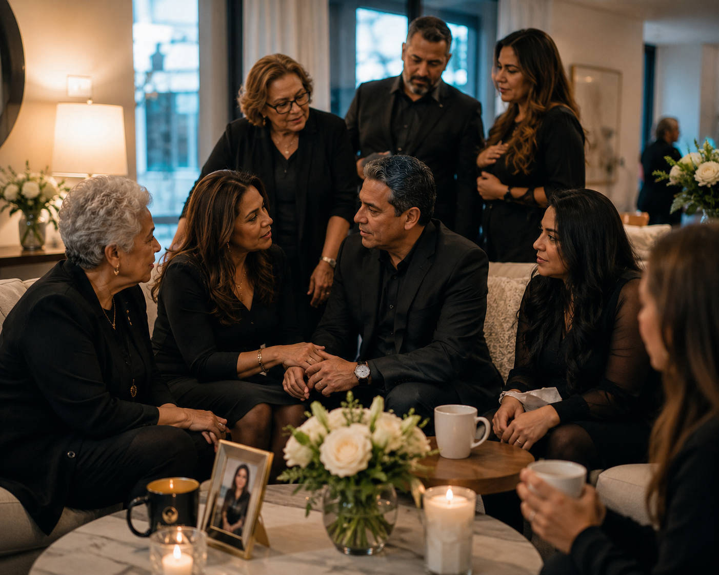Familia dominicana acompañándose en una velación íntima con velas y flores blancas