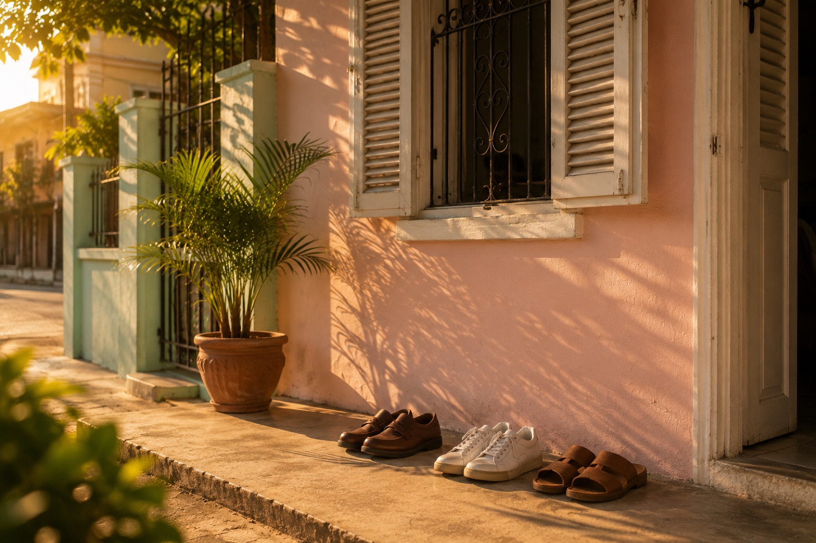 Tres pares de zapatos en la entrada — tres generaciones